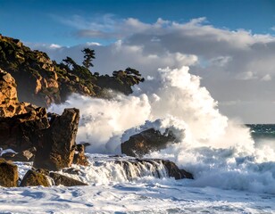 Powerful waves crashing against rocky coast