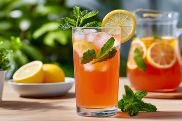Fototapeta premium Refreshing iced tea with lemon and mint in glass