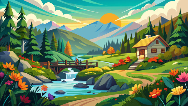 Very beautiful nature scenery in Maggie Valley, North Carolina, surrounded by lush green mountains, flowing creeks, and wildflowers under a bright blue sky, showcasing serene Appalachian beauty.