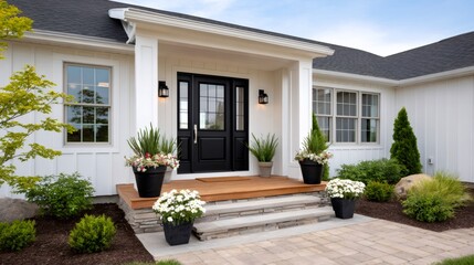 Modern farmhouse exterior with welcoming front entrance and landscaping