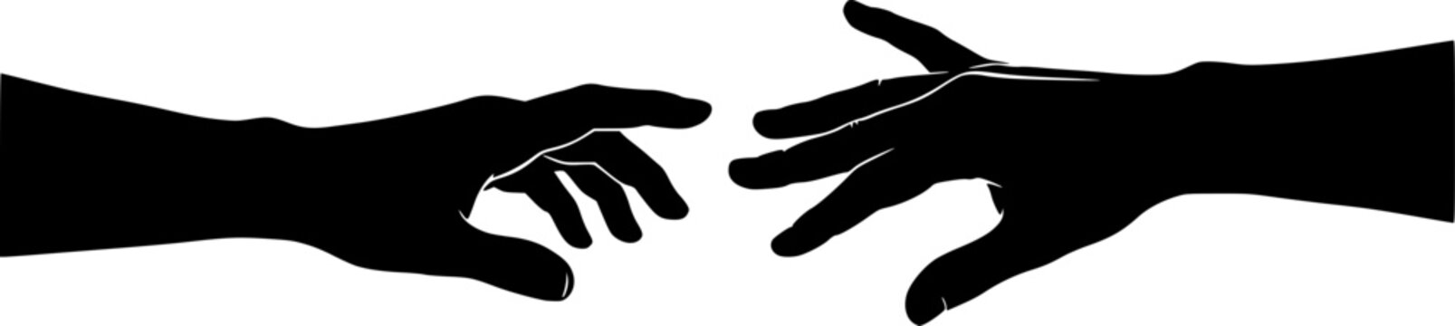 Reaching hand silhouette. This image showcases bold black silhouettes of two hands reaching towards each other, symbolizing interaction and support. Vector clipart illustration design