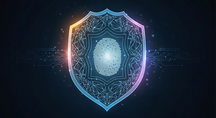 Fototapeta premium Digital shield with glowing fingerprint symbolizes biometric security and personal data protection