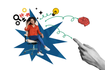 Composite photo collage of happy american business girl sit chair hand point brain organ light bulb gearwheel isolated on painted background