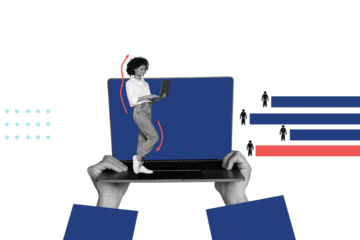 Creative picture collage laptop computer display woman worker manager challenge digital device employees drawing background