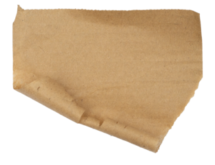 Piece of torn paper with curled edge. A torn piece of textured paper with rough edges and a curled corner isolated on transparent