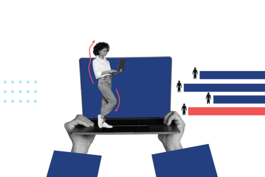 Creative picture collage laptop computer display woman worker manager challenge digital device employees drawing background