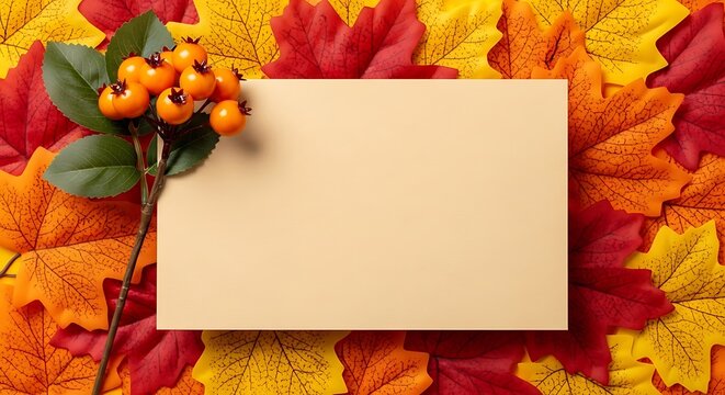 Blank card surrounded by vibrant autumn leaves, perfect for seasonal greetings or invitations