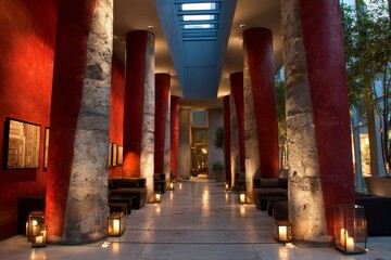 A modern atrium lobby with red-painted pillars, lit by warm candlelight, and featuring art displays.