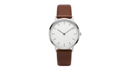Minimalist analog wristwatch with brown leather band and silver case product photography. isolated PNG with Transparent Background