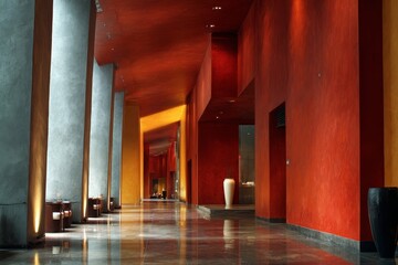A long, modern hallway with vibrant hues of red, orange, and gray, showcasing sleek architectural design.