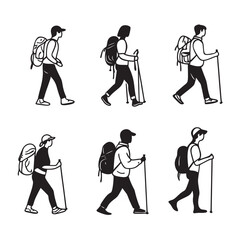 Obraz premium flat outline vector illustration simple style of hiking at different times of the day