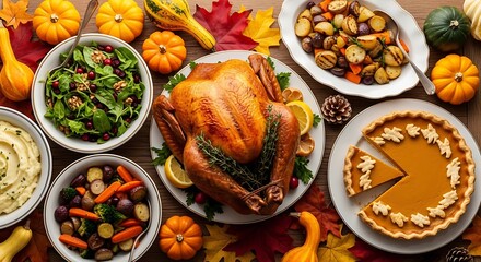 A delicious Thanksgiving feast featuring a roasted turkey, pumpkin pie, mashed potatoes, and various side dishes on a rustic table setting