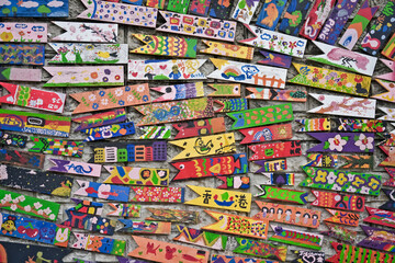 Fototapeta premium Painted Wooden Fish Wall Art in Gamcheon, Korea