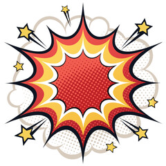Explosion graphic with stars and comic book style clouds. A bright.