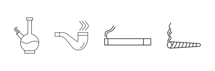 Bad habits icon set, unhealthy lifestyle, addiction awareness, smoking, alcohol, junk food, lazy behavior, stress, procrastination, negative activity vector illustration.
