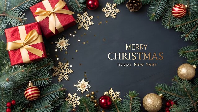 Photo of a festive christmas flat lay with gifts, ornaments, pine branches, and snowflakes on a dark background with merry christmas text