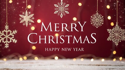 Photo of festive merry christmas and happy new year greeting with sparkling snowflakes and warm bokeh lights against a rich red background