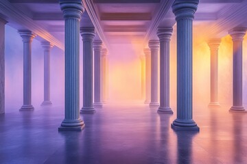 A grand, colonnaded hall bathed in a soft, ethereal light, showcasing pastel hues and ancient architecture.