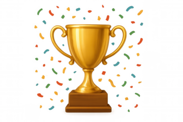Golden trophy cup standing on a wooden base with colorful confetti falling, celebrating victory and success