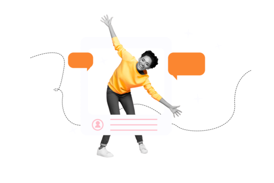 Composite artwork collage of app image frame blogger like profile summer vacation young woman stand spread hands hold smile speech cloud