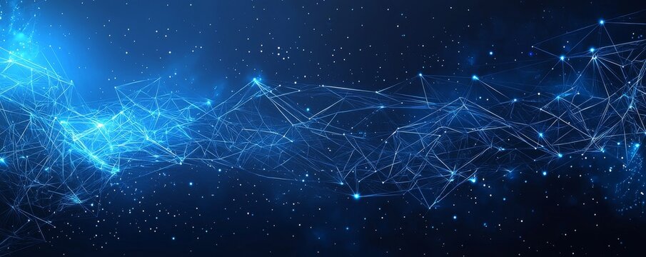 Futuristic polygonal light lines on a dark blue background with glowing particles