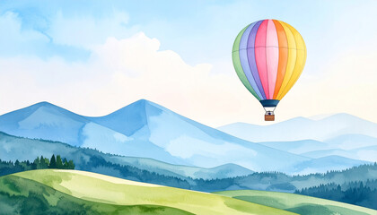 Watercolor painting of mountain landscape with colorful hot air balloon floating in the sky