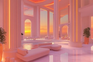 A serene, pastel-hued indoor-outdoor space, bathed in the warm glow of a sunset, showcases elegant architectural details and plush furnishings.