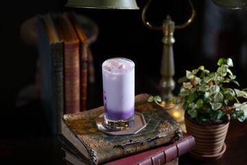 Purple Sweet Potato Latte in a Glass Cup