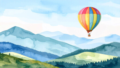 Obraz premium Watercolor painting of mountain landscape with colorful hot air balloon floating in the sky