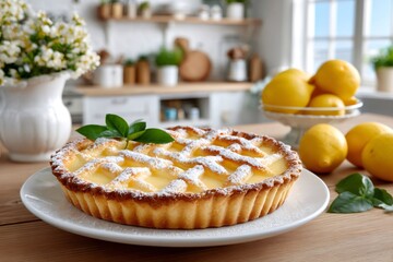 Lemon tart with powdered sugar on kitchen counter