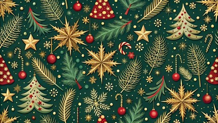 Photo of festive christmas pattern with golden snowflakes, pine trees, baubles, and candy canes on a dark green background, perfect for holiday decorations and wrapping paper