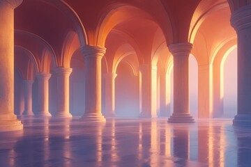 A sunlit colonnaded hall with arched ceilings, bathed in warm, golden hues, evokes a sense of ancient grandeur.
