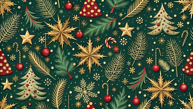 Photo of festive christmas pattern with golden snowflakes, pine trees, baubles, and candy canes on a dark green background, perfect for holiday decorations and wrapping paper