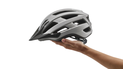 Hand holding a bicycle helmet, safety and protection concept. Isolated on transparent background, png