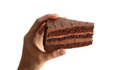Hand holding delicious chocolate cake slice. Isolated on transparent background, png