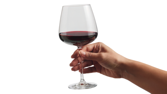 elegant hand holding a glass of red wine . Isolated on transparent background, png