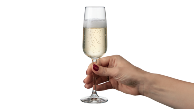  hand holding glass of champagne ready to toast. Isolated on transparent background, png