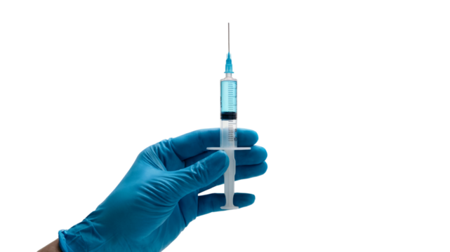 Hand holding a syringe with blue liquid, symbolizing vaccination. Isolated on transparent background, png