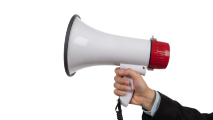 Man hand holding a megaphone to make announcement. Isolated on transparent background, png