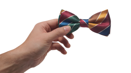 hand holding colorful bow tie. Isolated on transparent background, png