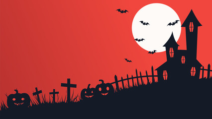 Halloween background with pumpkins in a cemetery, bats, a castle, and a moon. Halloween background with pumpkin silhouettes in a cemetery, bats, and a large moon. Vector illustration.