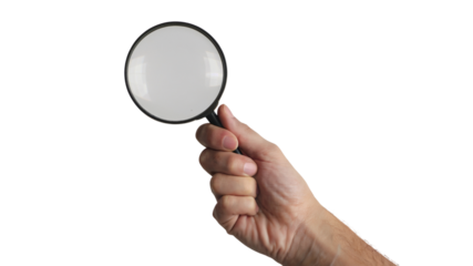 hand holding magnifying glass. Isolated on transparent background, png