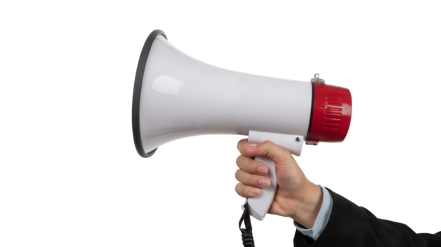 Man hand holding a megaphone to make announcement. Isolated on transparent background, png