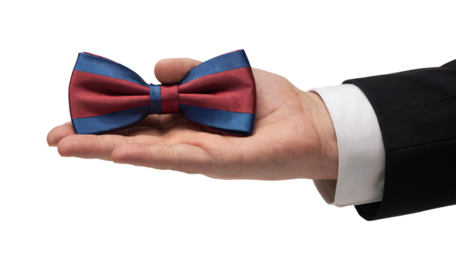 elegant bow tie on person's hand in suit. Isolated on transparent background, png