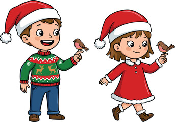 Christmas children, festive kids, Santa hats, holiday birds, green sweater, red dress, cheerful smiles, playful winter, joyful walk, seasonal celebration