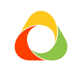 Colorful three-part triangle cycle loop icon in orange yellow and green colors. Clipart image isolated on background.