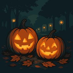 Glowing Jack O’Lantern Pumpkins on Autumn Night Path with Fallen Leaves