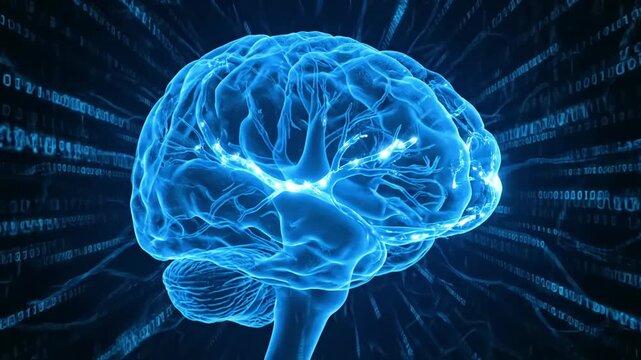 Backgrounds artistic neuron brain cells on blue glowing cyberspace artificial intelligence network hologram details with binary code numbers background animation scene 1 distortion, overlay, glitch - Powered by Adobe