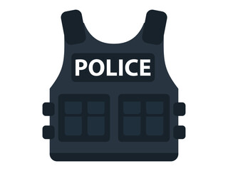 Flat design police tactical vest icon with label and pockets. Clipart image isolated on background.