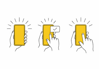 Vector illustration of hand and yellow smartphone in three sequential actions showing digital interaction, flat minimal design on white background